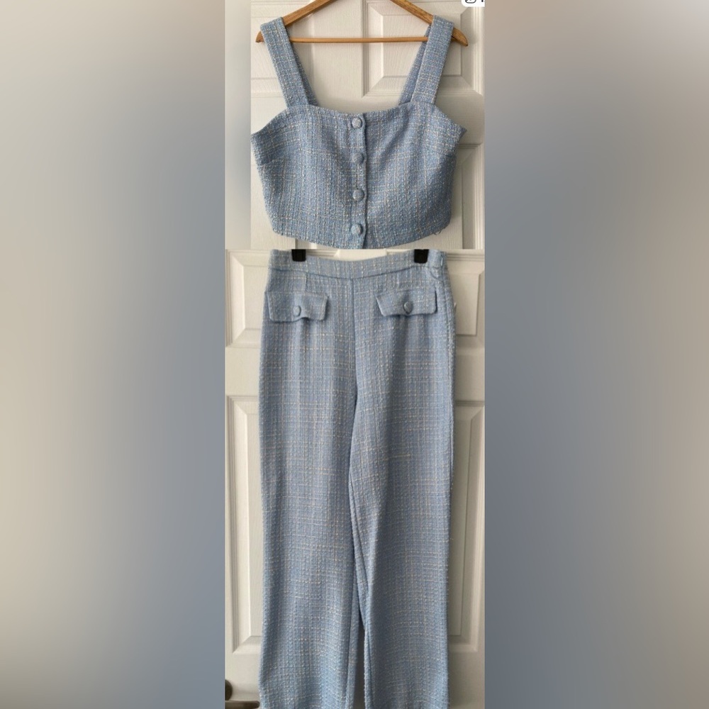 Jason Wu Light Blue Tweed Tank Top and Matching High Waisted Pants - Size 6